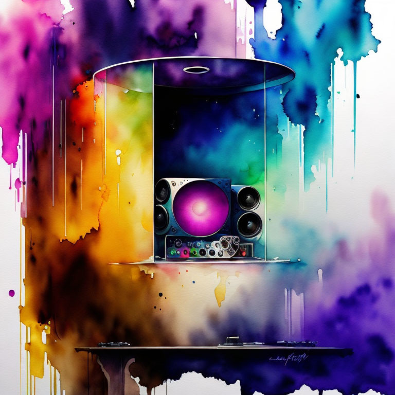 Colorful watercolor artwork of a speaker system with melting drips