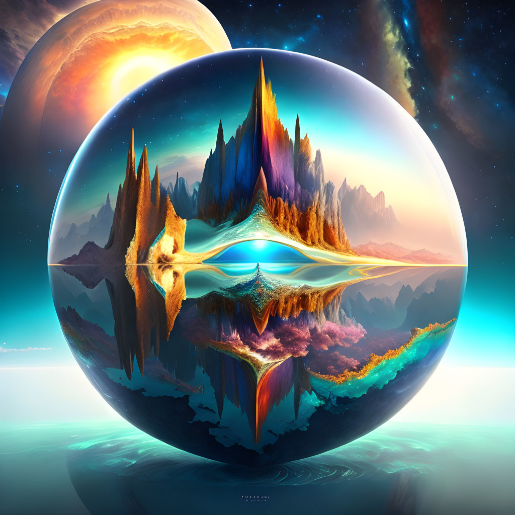 Surreal spherical landscape with sharp mountains and celestial bodies