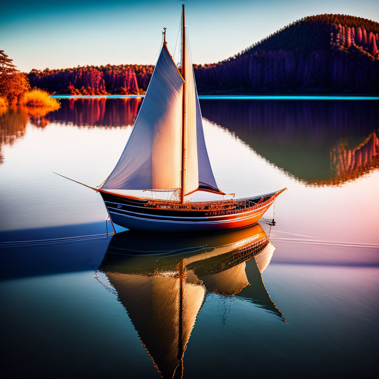 White sailboat on calm lake at sunset with tree reflections