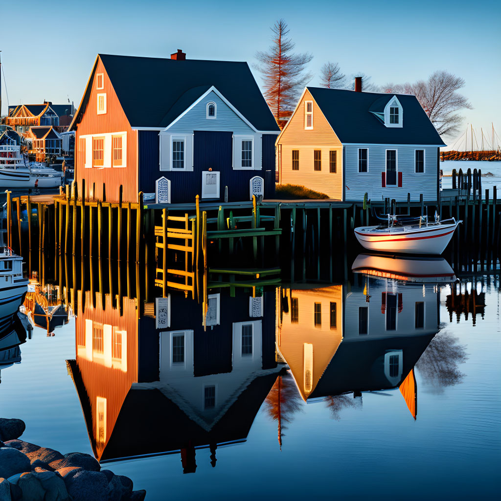 Colorful Houses Reflected in Water at Twilight with Boat and Clear Sky