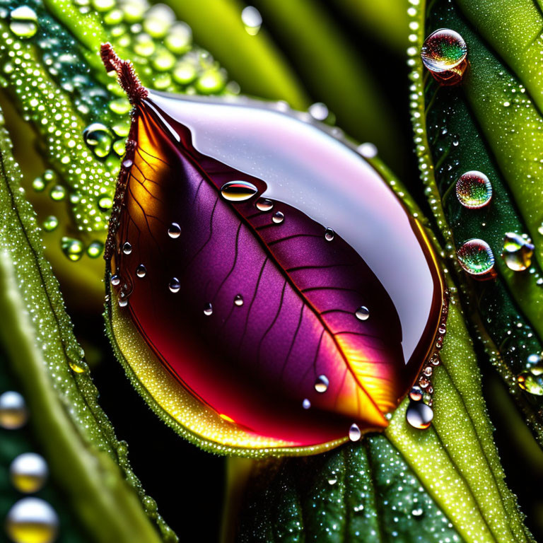 Colorful leaf with water droplets on green surface