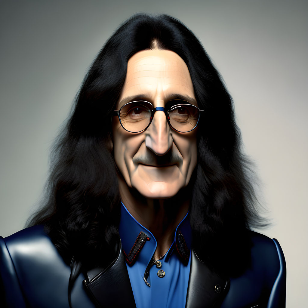 Stylized digital portrait of man with long black hair, mustache, round glasses, blue shirt