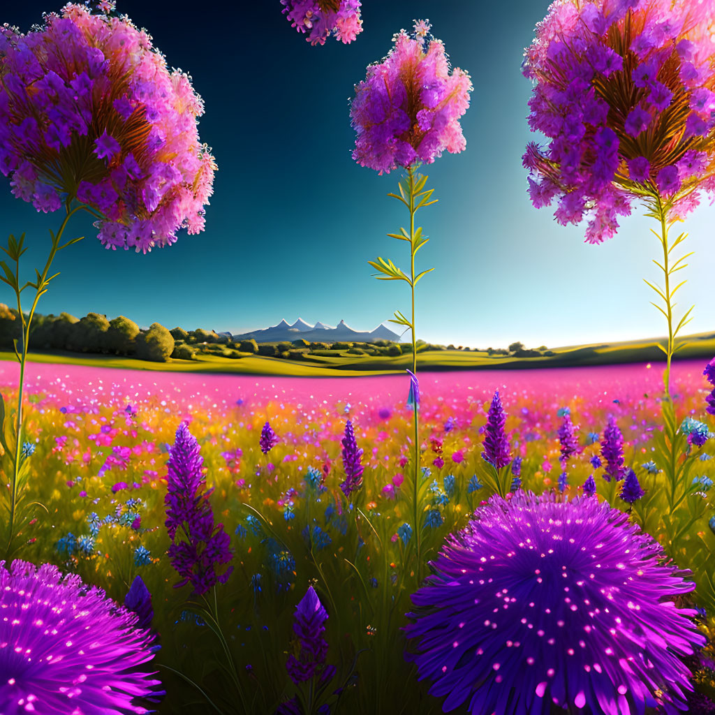 Colorful Meadow with Pink Trees, Flowers, and Mountains