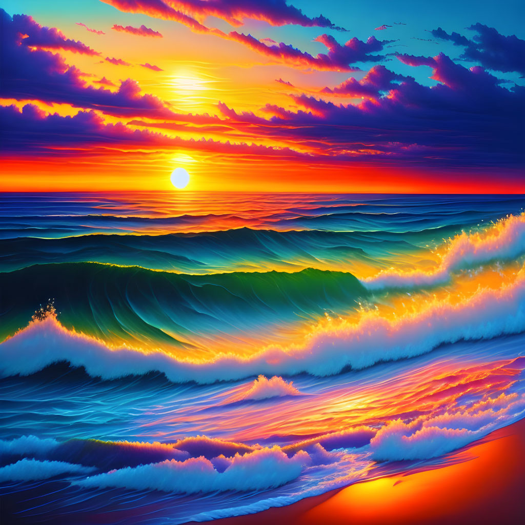 Colorful Ocean Sunset with Radiant Sky and Reflective Waves