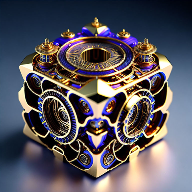 Golden-Black Mechanical Cube with Glowing Blue Details