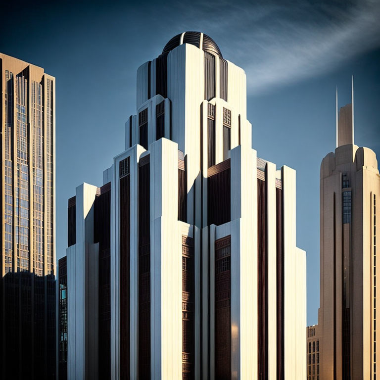 Streamlined Art Deco Skyscraper at Sunset against Blue Sky