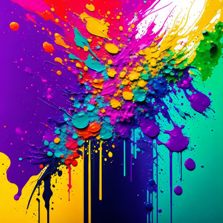 Colorful Paint Splatters on Rainbow Gradient Background