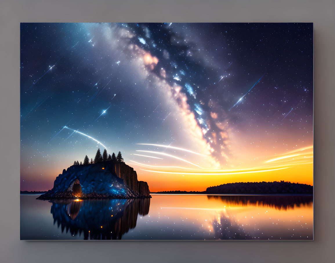 Scenic lake canvas print: starry sky, meteor shower, sunset/sunrise reflection