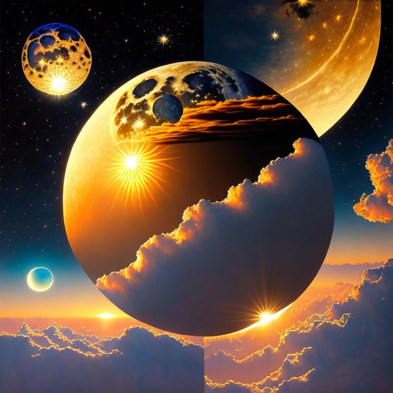 Celestial scene with planets, moons, stars, and sunlit clouds