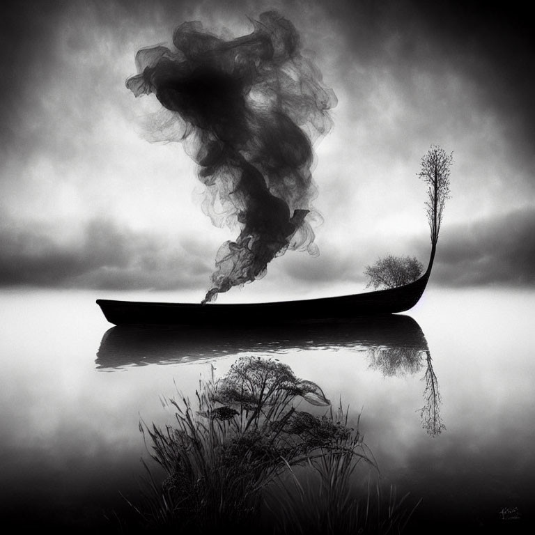 Monochrome artistic image of boat on still lake with wispy form rising