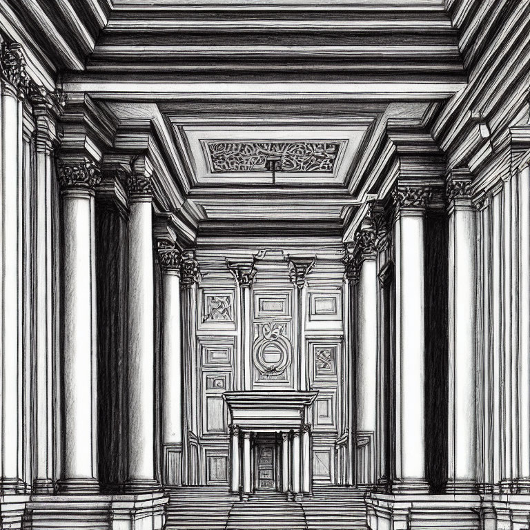 Detailed black and white neoclassical interior sketch with towering columns and intricate ceiling details