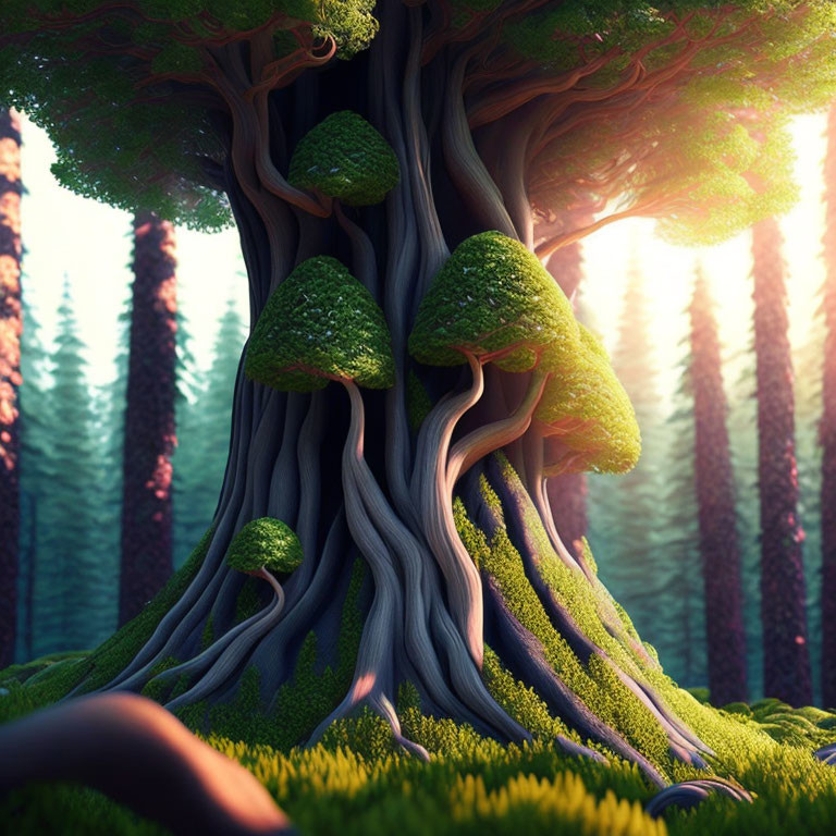 Enchanting forest scene with mystical tree and oversized mushrooms