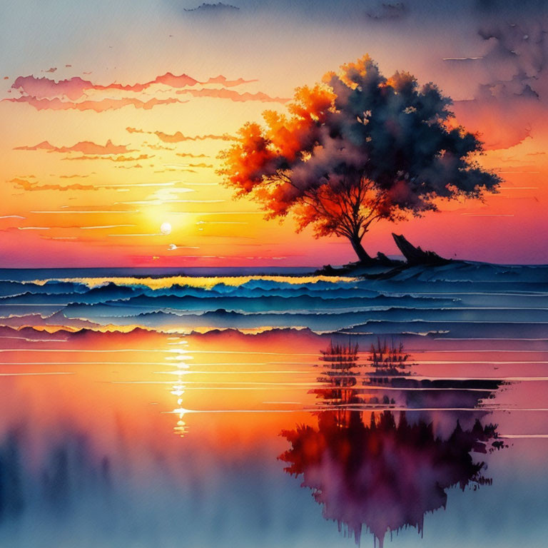 Serene Watercolor Sunset with Solitary Tree