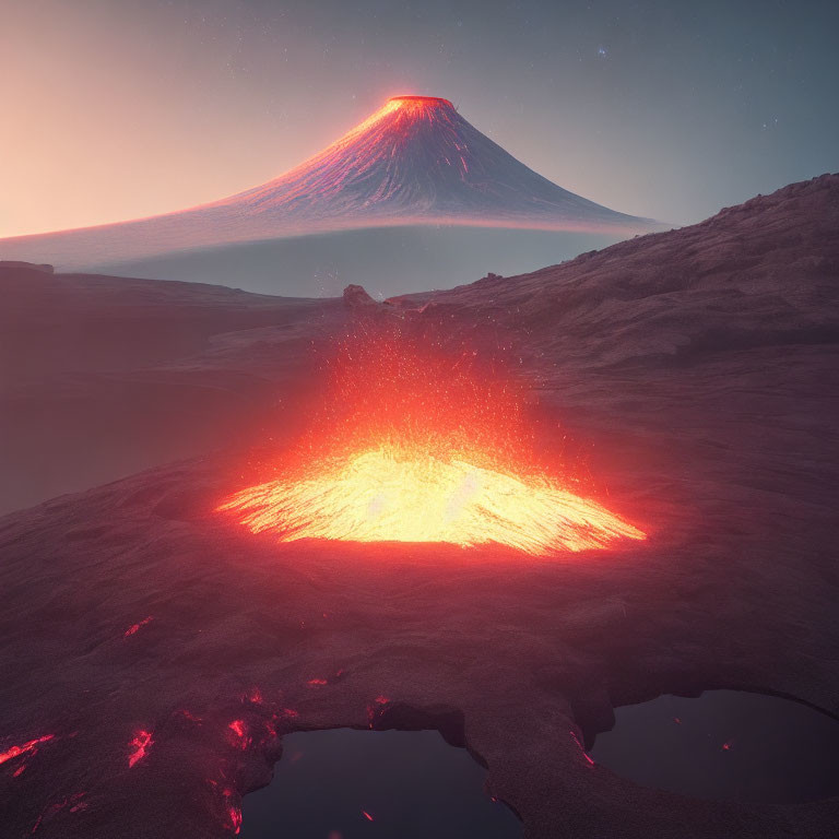 Landscape with small volcanic eruption and tranquil volcano under dusky sky