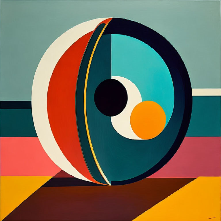 Geometric abstract painting with circular motif and color-blocked bands