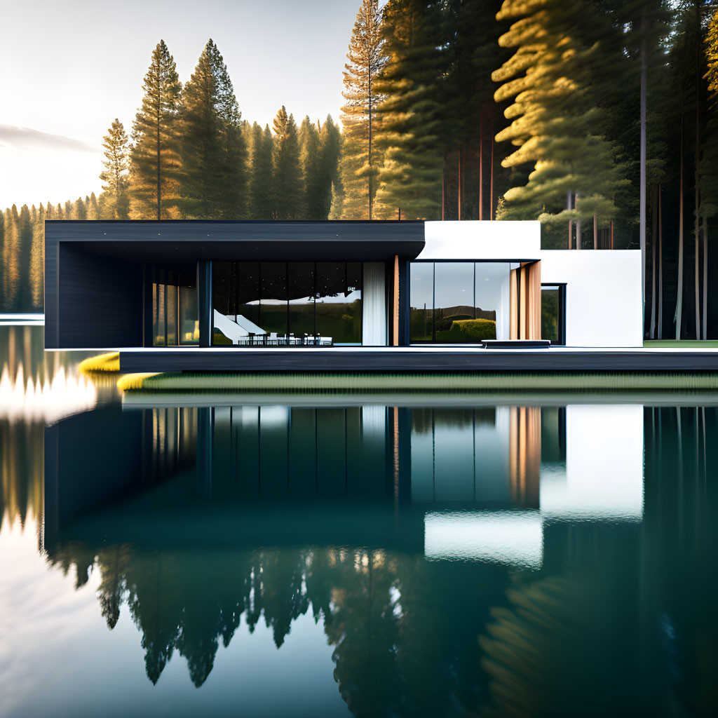 Contemporary lakeside house with large windows, pine trees, and sunset reflection.