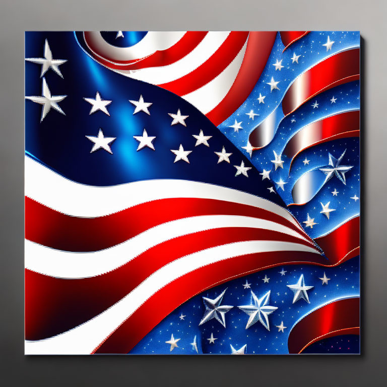 Metallic United States flag art on canvas with stars and stripes in red, white, and blue