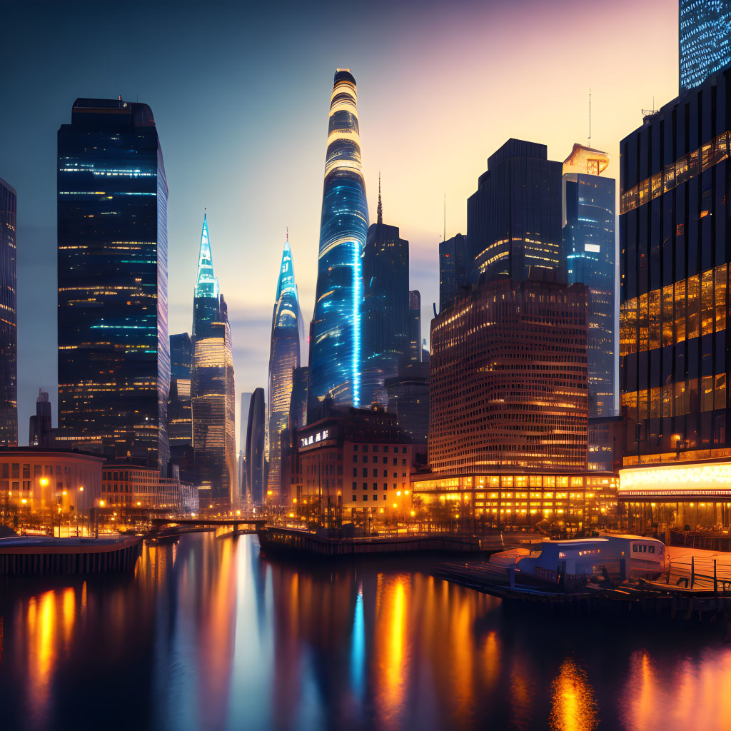 Dusk cityscape with illuminated skyscrapers and river reflection