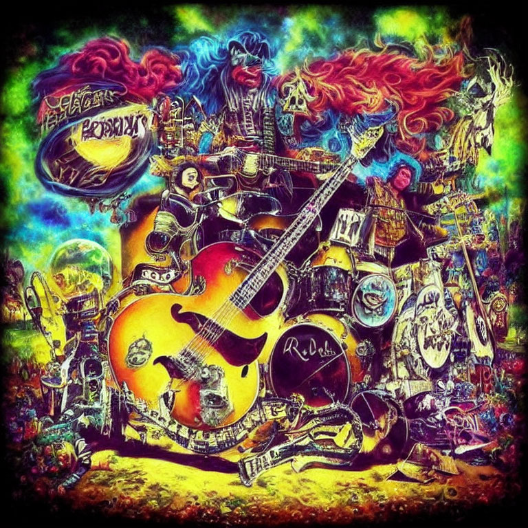 Colorful Psychedelic Rock Music Illustration with Guitar, Drums, and Speakers