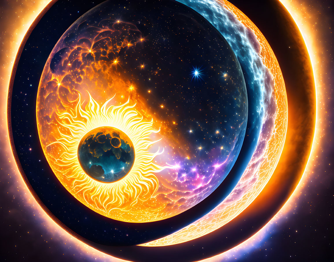 Digital artwork: Fiery sun and crescent moon in cosmic harmony