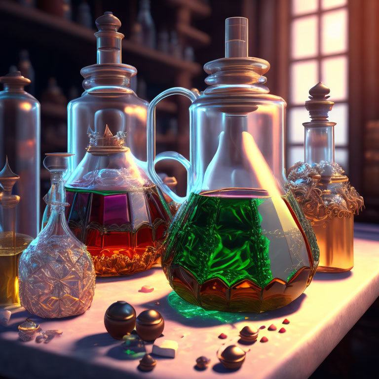 Colorful Potions in Intricate Bottles on Wooden Table