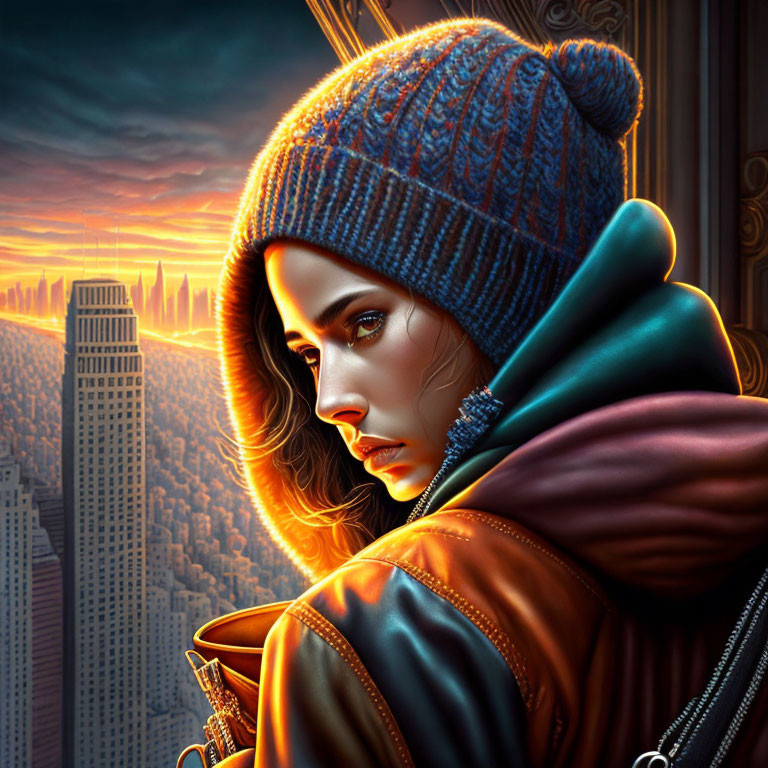 Woman in winter attire gazing over cityscape at dusk