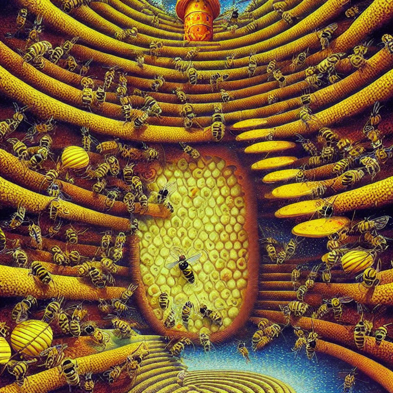 Detailed depiction of bee-filled hive with honeycombs and crowned queen bee