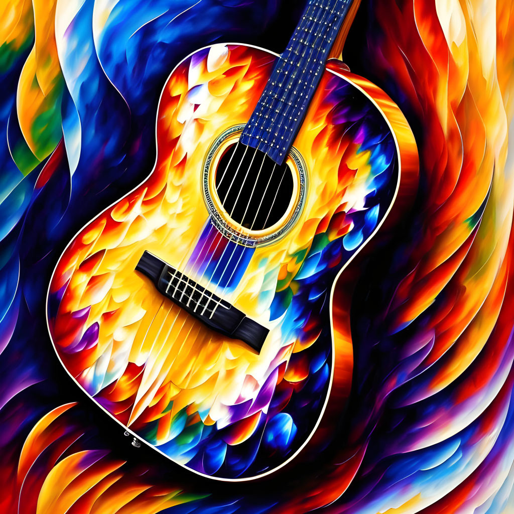 Vibrant abstract art: Guitar with fiery design on swirling blue and orange backdrop