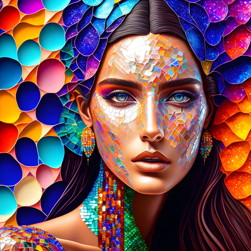 Vibrant digital artwork: Woman with mosaic skin and colorful background