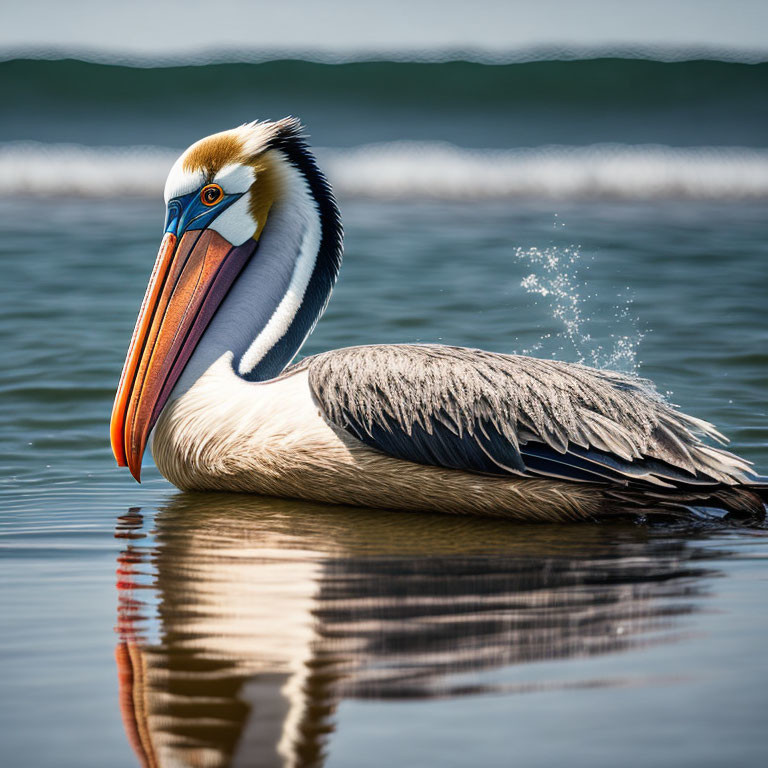 Colorful Pelican with Large Bill Floating on Calm Water