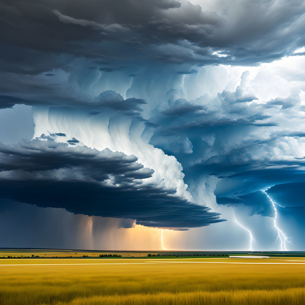 Thunderstorm with Lightning Strikes over Golden Field and Cumulonimbus Clouds