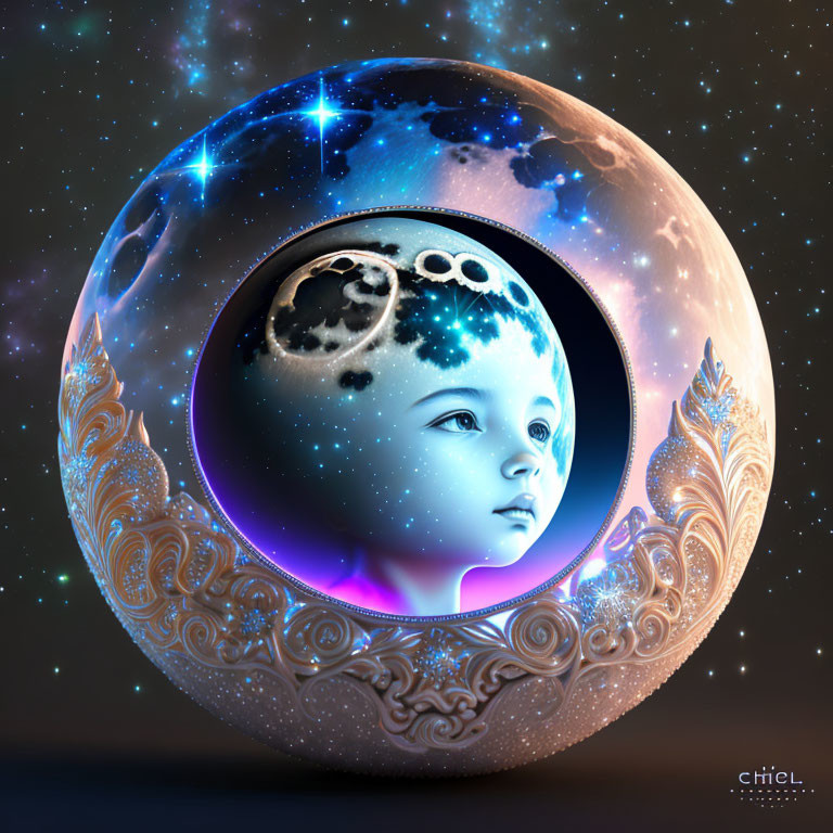 Surreal digital artwork of child's face in cosmic sphere with ornate patterns