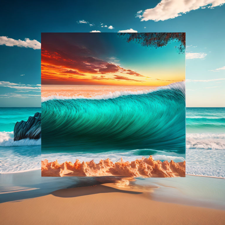 Majestic ocean wave at sunset with warm sky colors and rocks visible