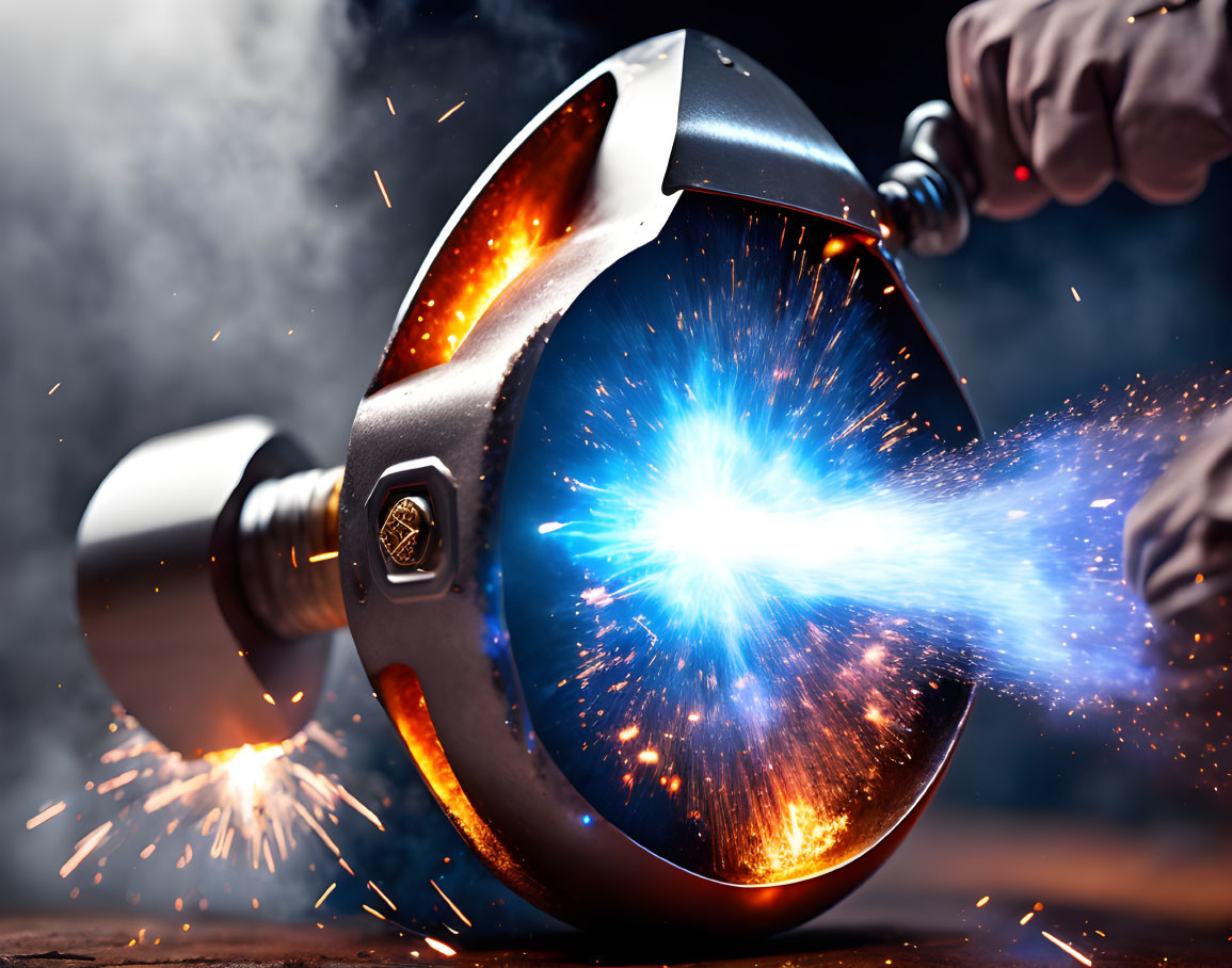 Close-up welding process with blue and orange sparks on dark background