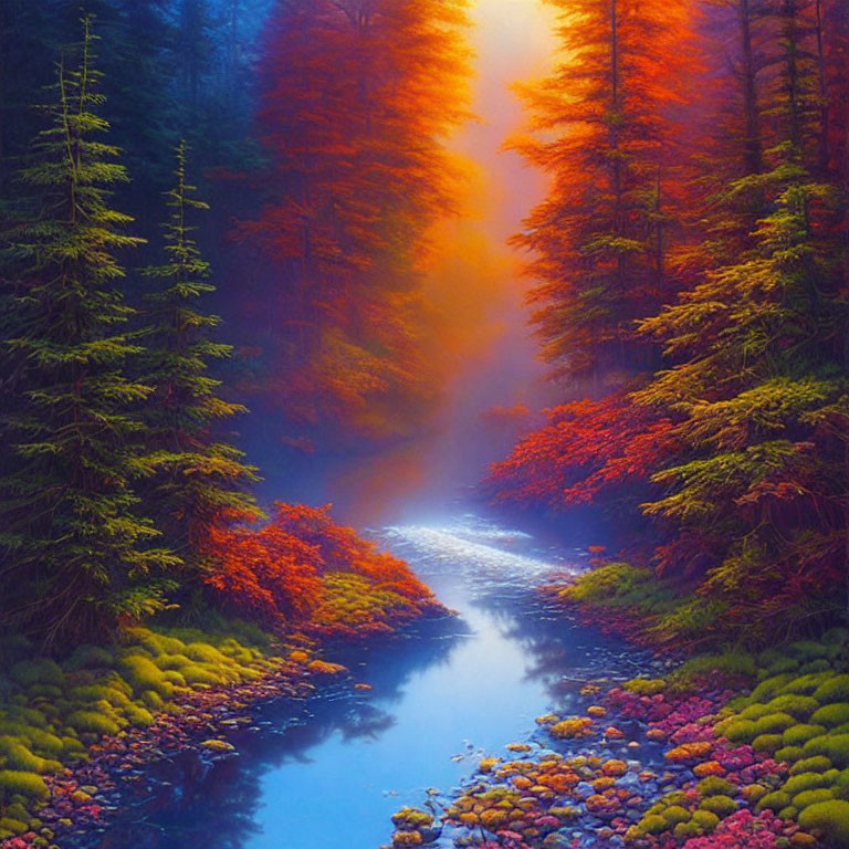 Colorful Forest Scene with Stream and Fiery Trees in Misty Glow