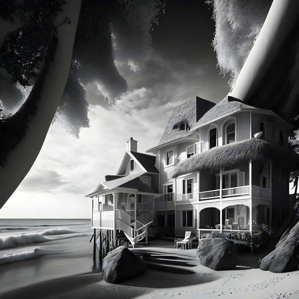 Victorian-style house on beach with ocean waves and trees