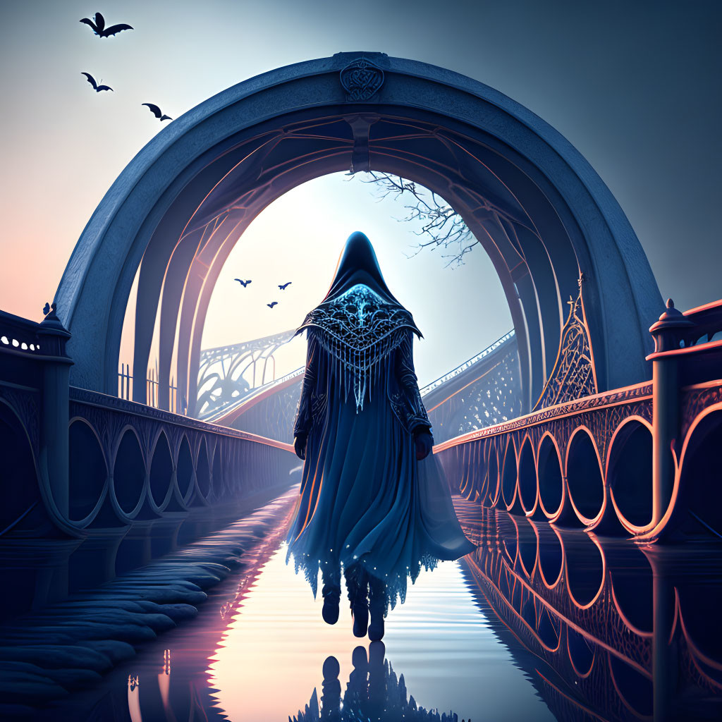 Cloaked Figure on Ornate Bridge at Twilight with Birds