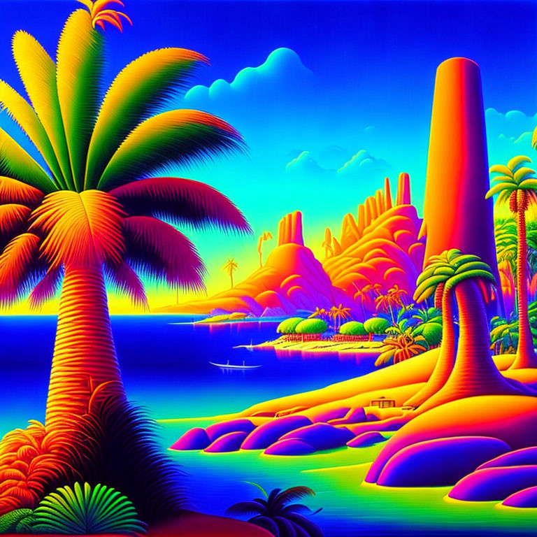 Colorful Tropical Landscape with Palm Trees, Mountains, Sea, and Boats