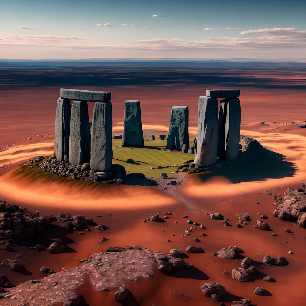 Surreal Stonehenge in Desert Landscape with Red Sand