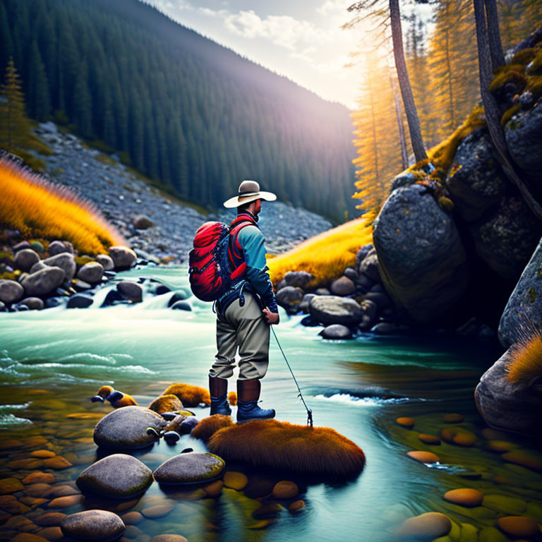 Person in hat and backpack in mountain river surrounded by pine trees and sunlight