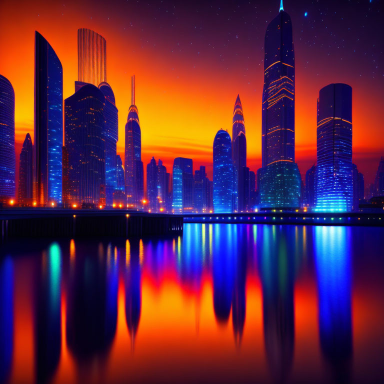 City skyline at dusk: skyscrapers reflecting in water under twilight sky