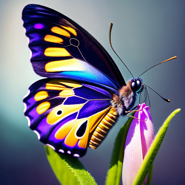 Colorful Butterfly with Blue and Yellow Wings on Pink Flower