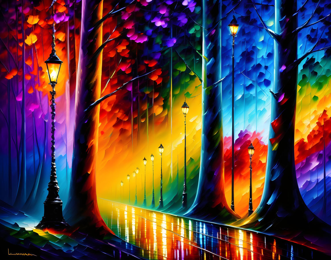 Whimsical forest painting with glowing street lamps