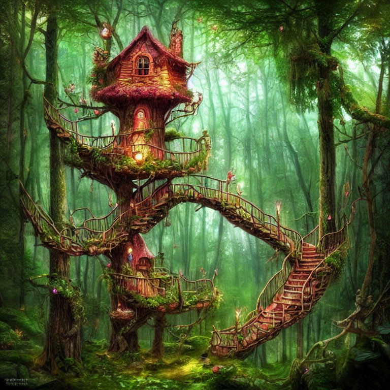 Enchanting treehouse with winding staircase in lush, mystical forest