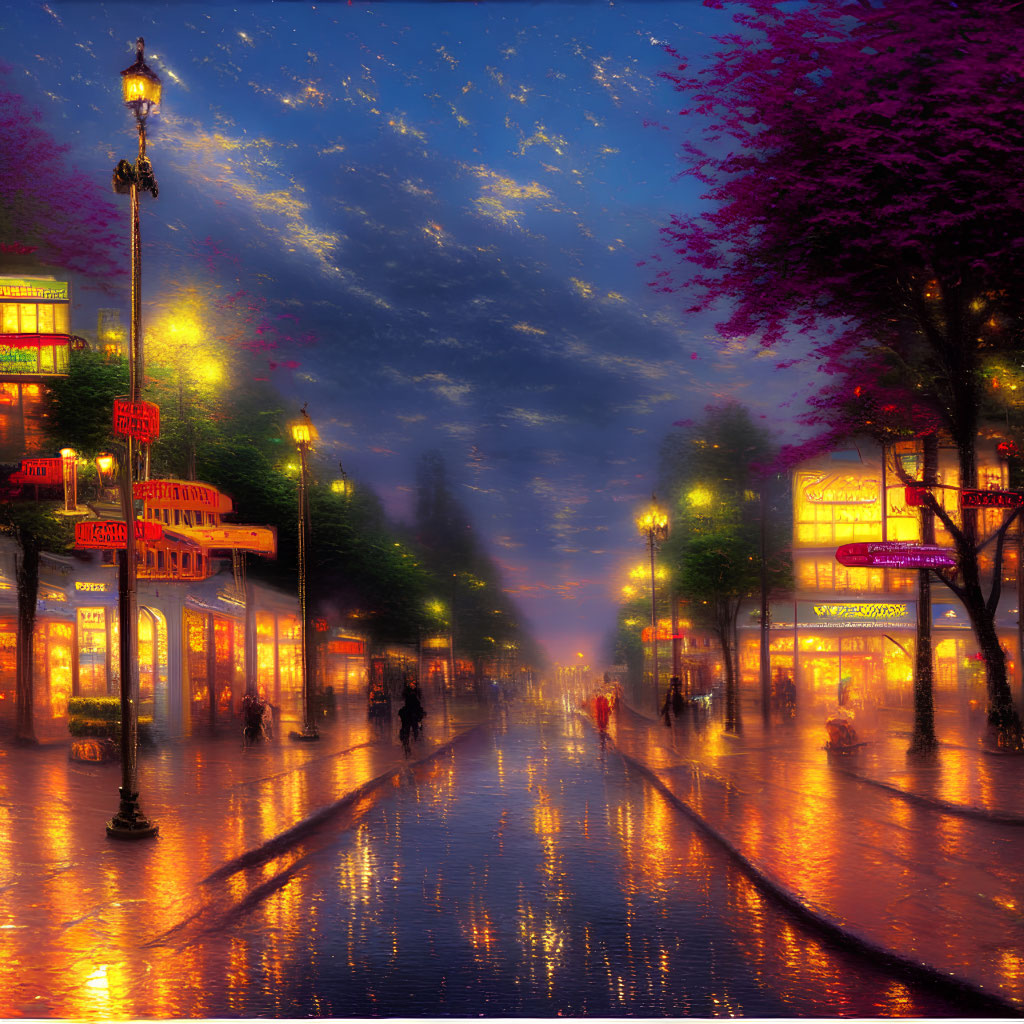 Twilight city street with illuminated signs, wet pavement, starry sky, and strolling people