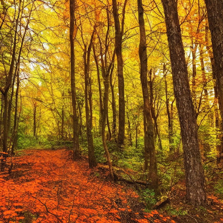 Scenic autumn forest with golden foliage and red carpet of leaves