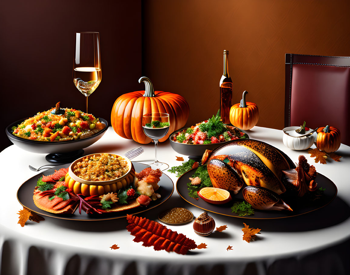 Thanksgiving dinner setup with roasted turkey, wine, pumpkins, and autumn decor