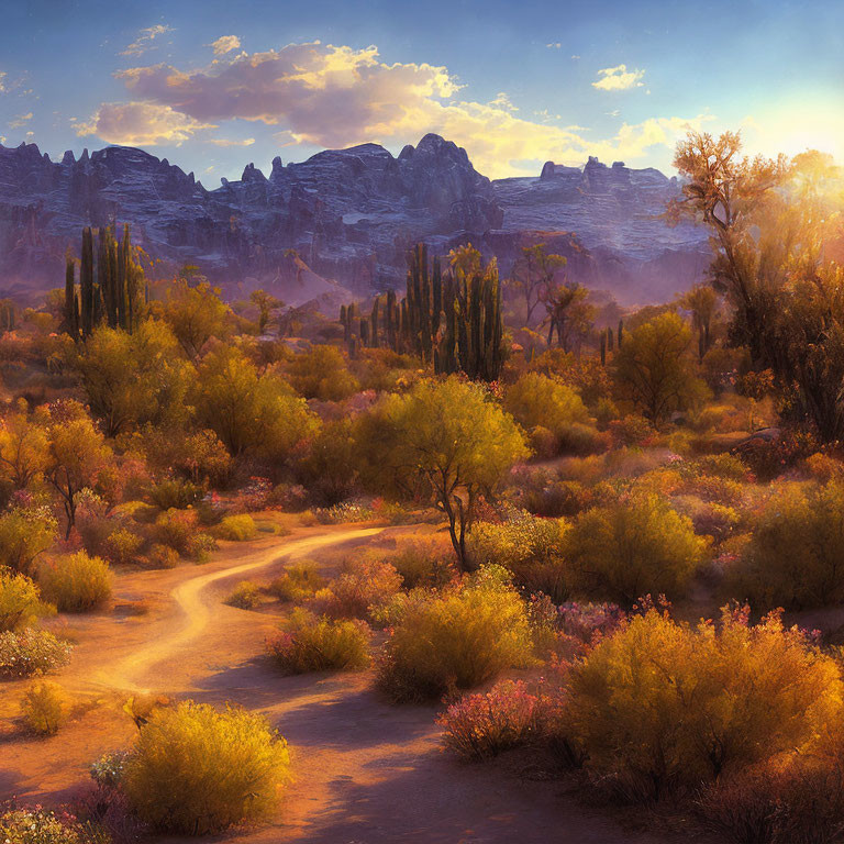 Tranquil desert landscape with winding dirt path, cacti, and rock formations