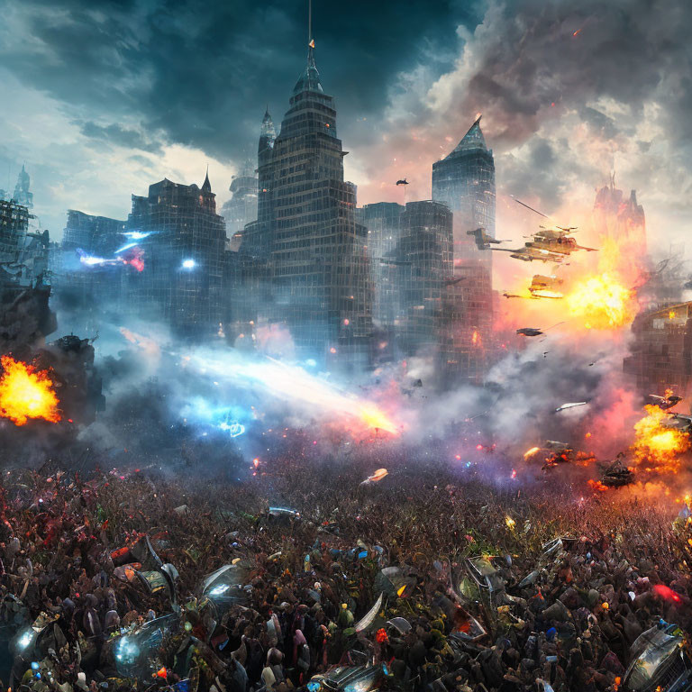 Futuristic battlefield with people, robots, explosions, and flying vehicles in a burning cityscape.