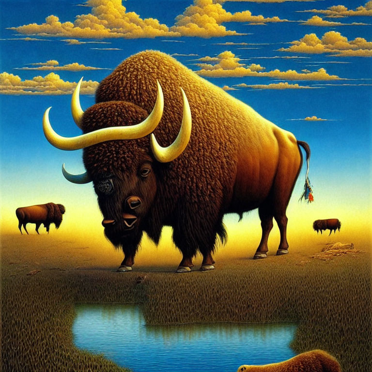 Surreal painting: oversized bison with curved horns by water